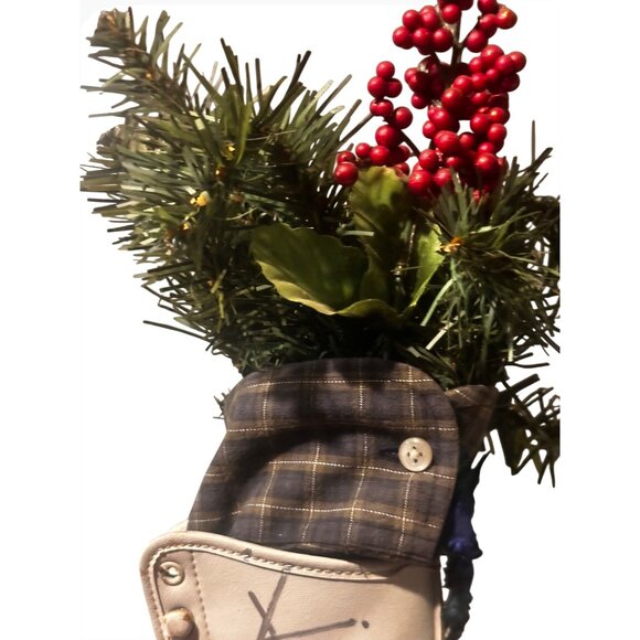 Ice Skate Hand Painted Snow Design Plaid Pine Foliage Fabric Accent Jingle Bell - Picture 7 of 8